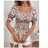 Blusa XL floral con manga de burbujas y cuello cuadrado con volantes