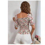 Blusa XL floral con manga de burbujas y cuello cuadrado con volantes